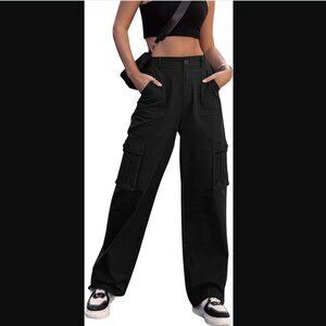 Women High Waisted Cargo Pants Wide Leg Casual Pants 6 Pocket Small